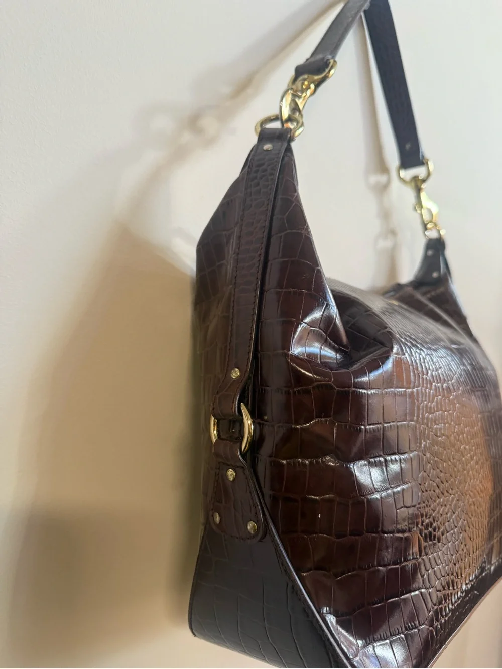 Ralph Lauren Dark Brown Croc-Embossed Shoulder Bag